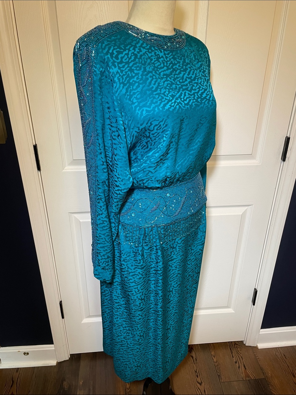 Vintage Heavy Beaded Dynasty Teal Silk Dress Designer D'ore Animal Print Sz 14